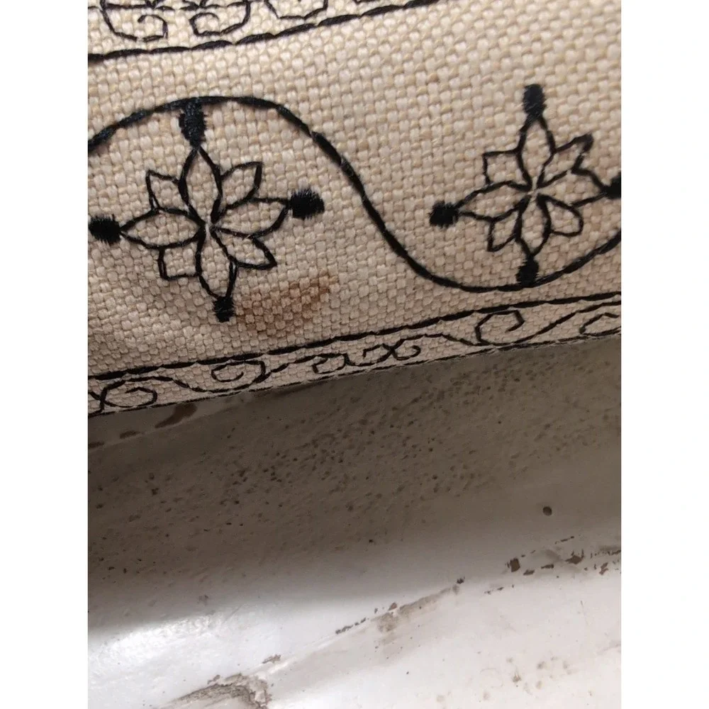 Kate Landry Beige & Black Embroidered Hobo Bag with Bamboo Accents